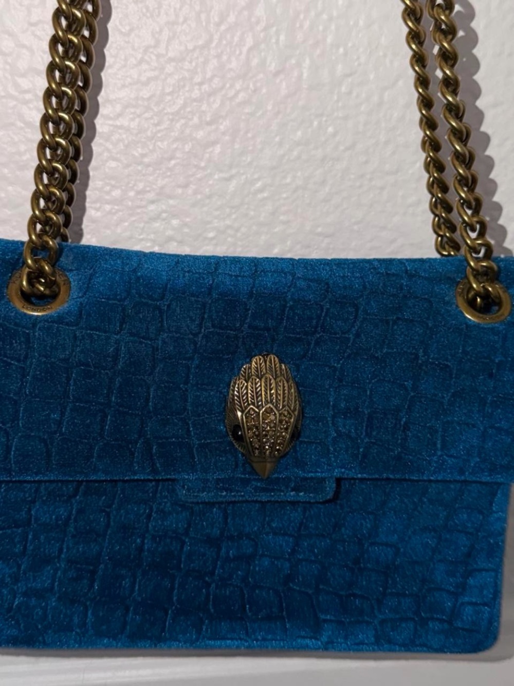 Kurt Geiger Teal Croc-Embossed Chain Shoulder Bag with Ornate Clasp